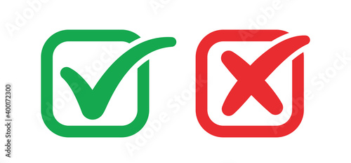 Check mark icons. Green tick and red x. Approval and decline symbols.