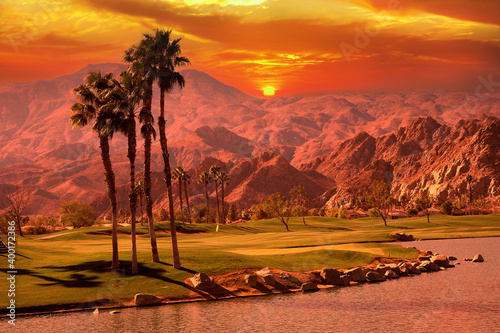 golf courseat sunset  in palm springs, california photo