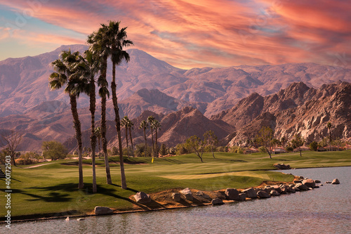 golf courseat sunset in palm springs, california