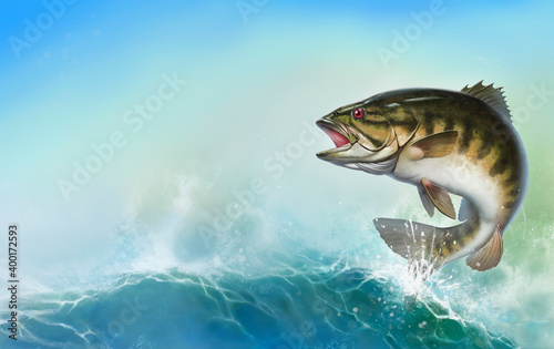 Bass fish jumps out of water realistic illustration. Smallmouth bass perch fishing in the usa on a river or lake. Horizontal background mobile version of the sea wave sunny day place for text.