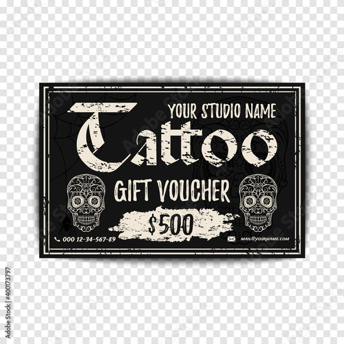 Vintage Tattoo gift voucher. Black grunge gift card with sugar rskull. Template for your tattooshop.