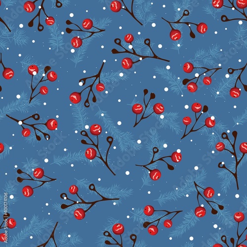 Seamless christmas pattern with branch of rowan and pine