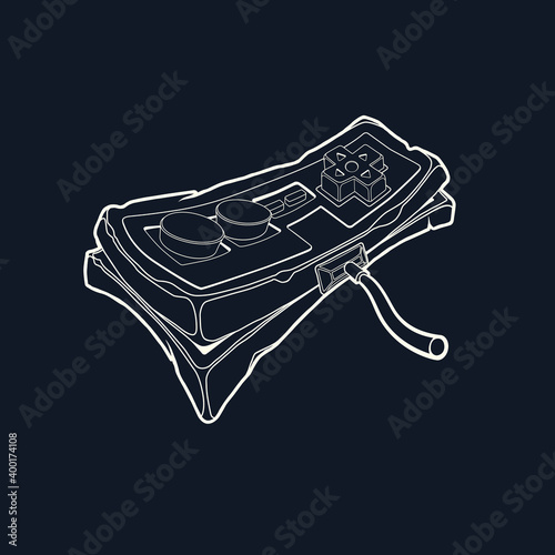 Classic retro gempad icon. Old stylized joystick. Simple outline joypad icon on dark background.