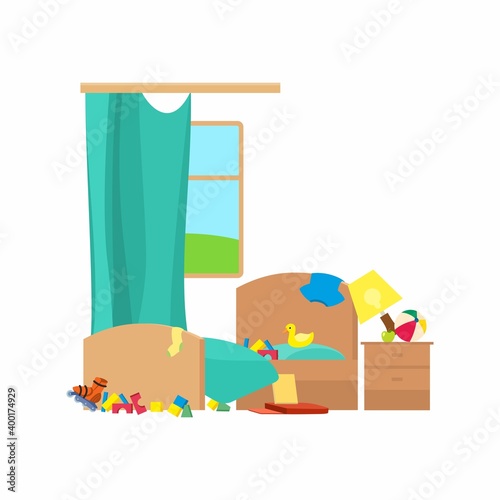 Messy kids bedroom flat vector illustration. Dirty apartment cartoon  isolated on white background. Unkempt room. House chores, cleanup