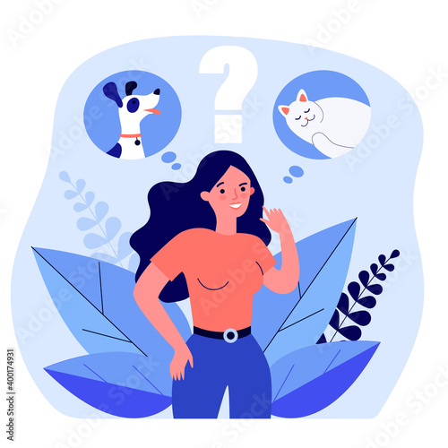 Woman choosing between cat and dog. Thought bubble, choice, dilemma flat vector illustration. Pet adoption, domestic animal concept for banner, website design or landing web page