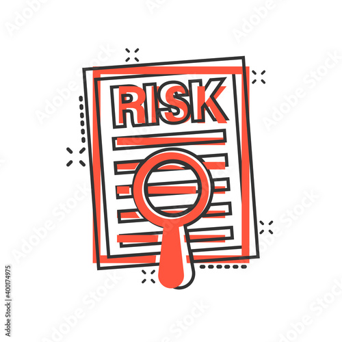 Risk level icon in comic style. Result cartoon vector illustration on white isolated background. Assessment splash effect business concept.