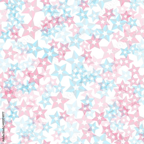 Pink and blue stars are scattered on a white background.