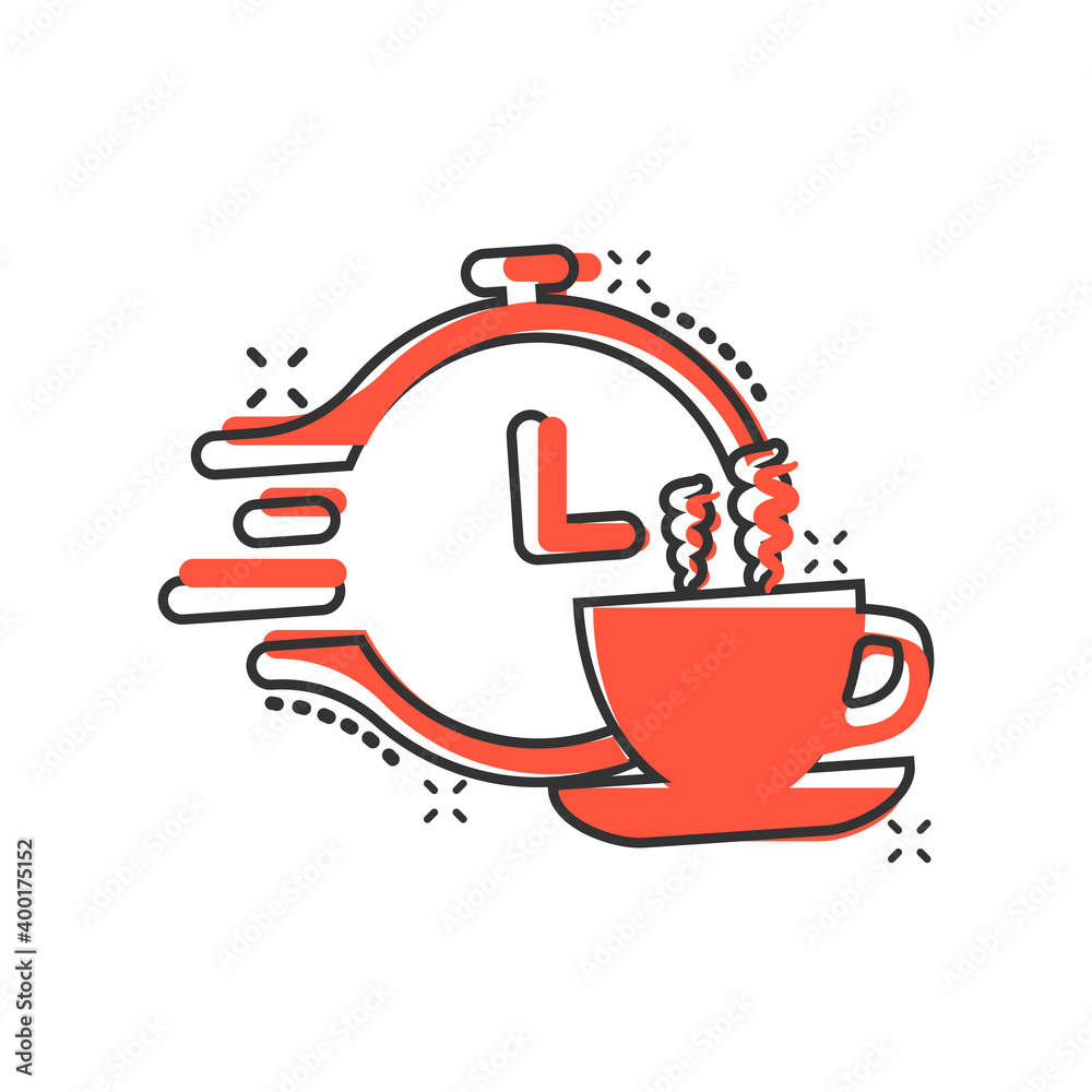 Coffee break icon in comic style. Clock with tea cup cartoon vector illustration on white isolated background. Breakfast time splash effect business concept. Coffee break icon in comic style. Clock with tea cup cartoon vector illustration on white isolated background. Breakfast time splash effect business concept.