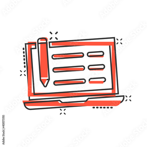 Blogging icon in comic style. Social media communication cartoon vector illustration on white isolated background. Content splash effect business concept.