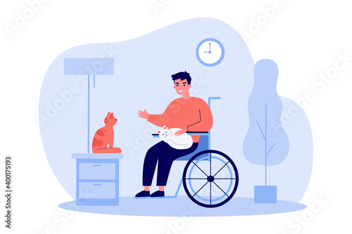 Friendly disabled guy keeping cats. Person on wheelchair, pets, home flat vector illustration. Disability, animals care, therapy concept for banner, website design or landing web page