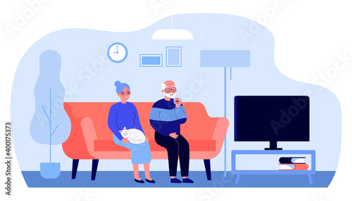 Senior couple watching TV at home. Woman keeping cat on lap flat vector illustration. Domestic animals, retirement, relationship concept for banner, website design or landing web page