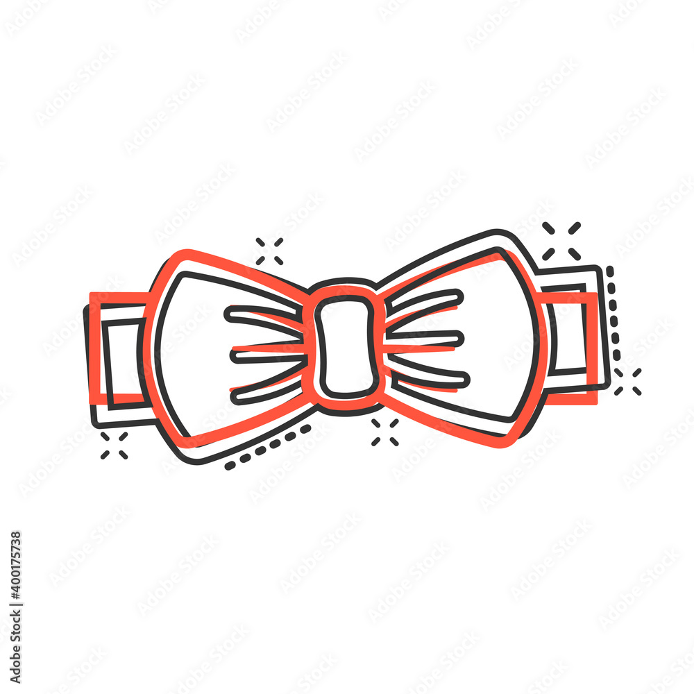 Tie bow icon in comic style. Bowtie cartoon vector illustration on white isolated background. Butterfly splash effect business concept. Tie bow icon in comic style. Bowtie cartoon vector illustration on white isolated background. Butterfly splash effect business concept.