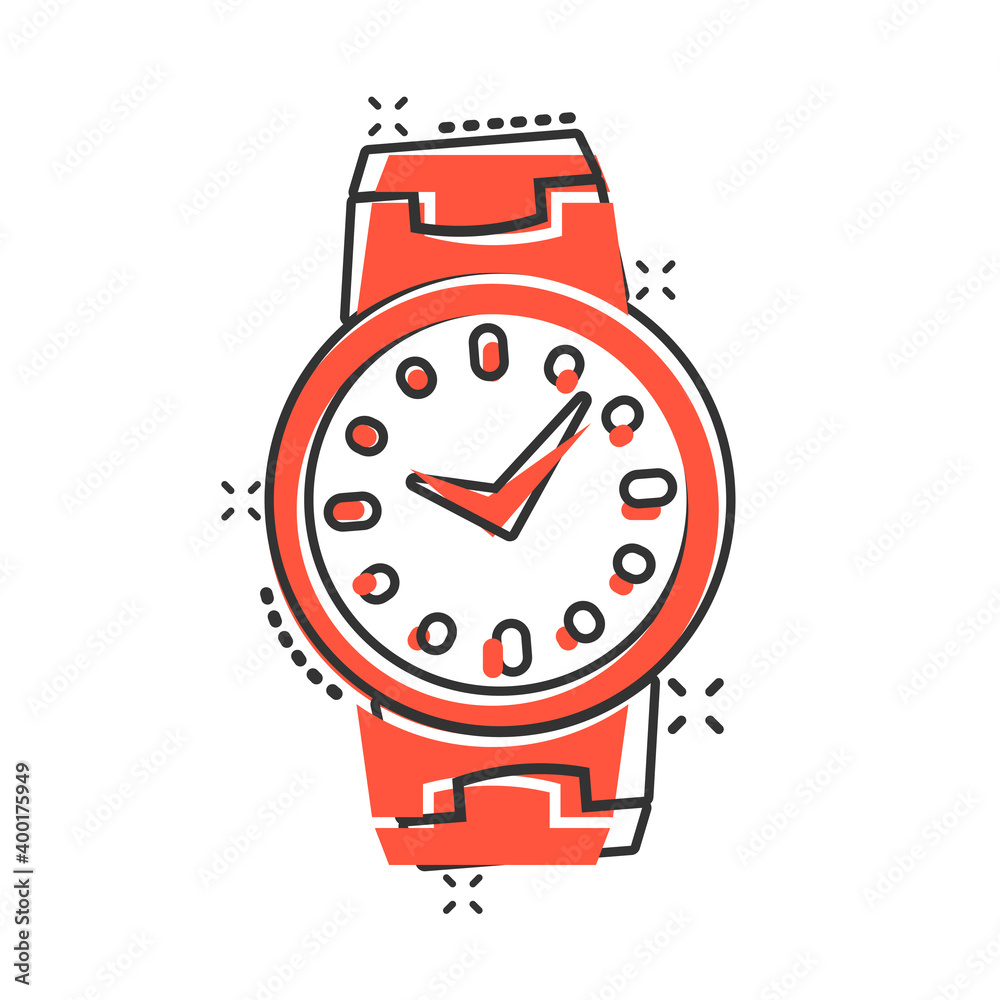 Wrist watch icon in comic style. Hand clock cartoon vector illustration on white isolated background. Time bracelet splash effect business concept. Wrist watch icon in comic style. Hand clock cartoon vector illustration on white isolated background. Time bracelet splash effect business concept.