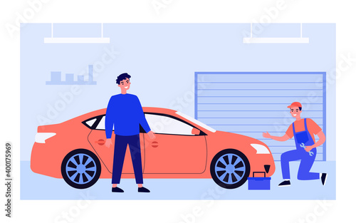 Mechanic examining and repairing red car. Worker in overall with spanner in garage flat vector illustration. Transport, maintenance, service concept for banner, website design or landing web page