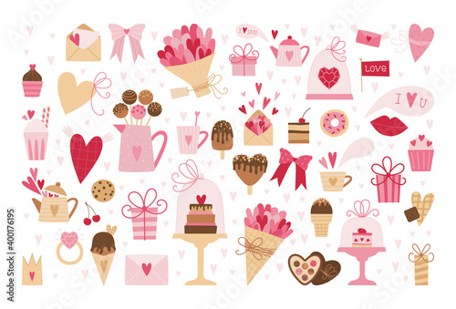 Big set of romantic elements for Valentine's day. Hearts, sweets, flowers, cupcakes, gifts, ice cream and other cute items. Vector illustrations for valentines day, stickers, greeting cards, etc