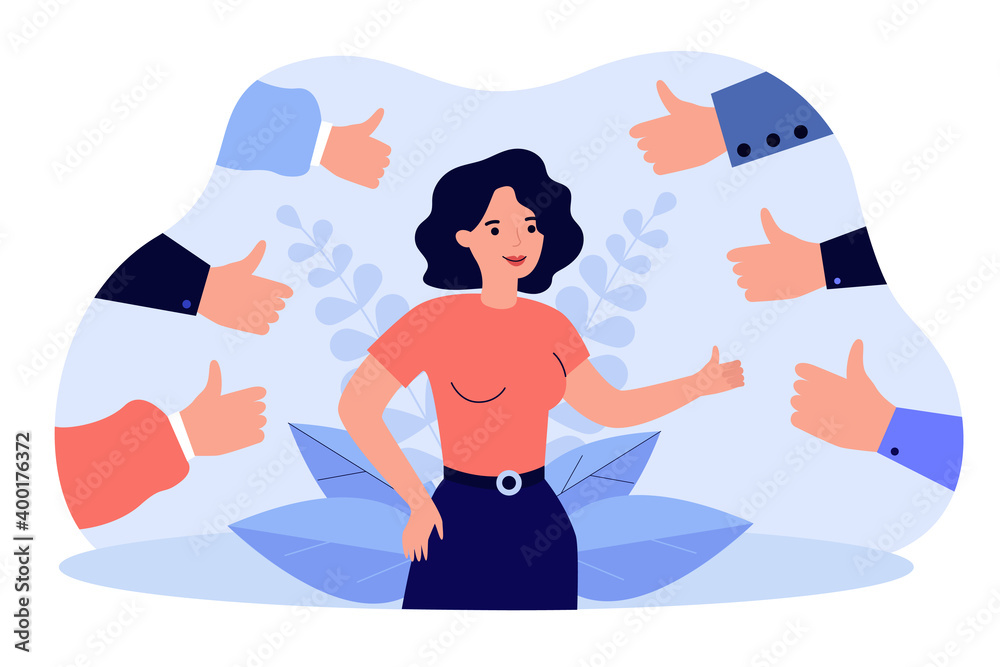 Proud positive woman surrounded by hands with thumbs up isolated flat vector illustration. Happy cartoon character accepting public approval and smiling. Respect and audience recognition concept - obrazy, fototapety, plakaty 