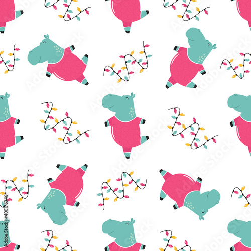 Seamless pattern with cute dancing hippo. Vector illustration with funny characters