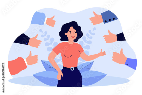 Proud positive woman surrounded by hands with thumbs up isolated flat vector illustration. Happy cartoon character accepting public approval and smiling. Respect and audience recognition concept photo
