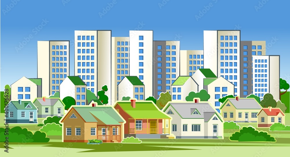 A village in the suburbs of a big city. Cityscape and sky. High-rise buildings, skyscrapers and high-rise buildings. Green park area. Flat style. Vector