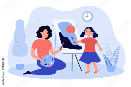 Happy mother and cute daughter painting together flat vector illustration. Cartoon mom and kid drawing on easel and having fun at home. Family and recreational art activity concept