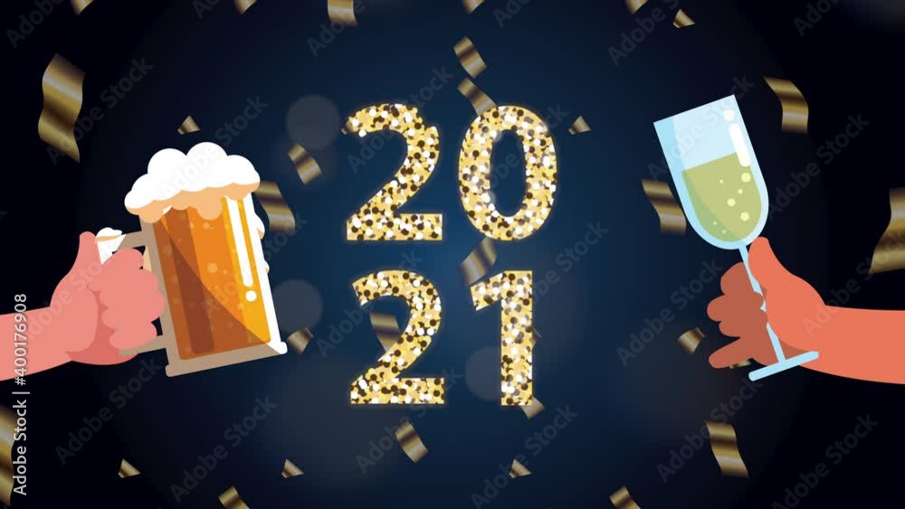 happy new year 2021 celebration with golden numbers and drinks toast