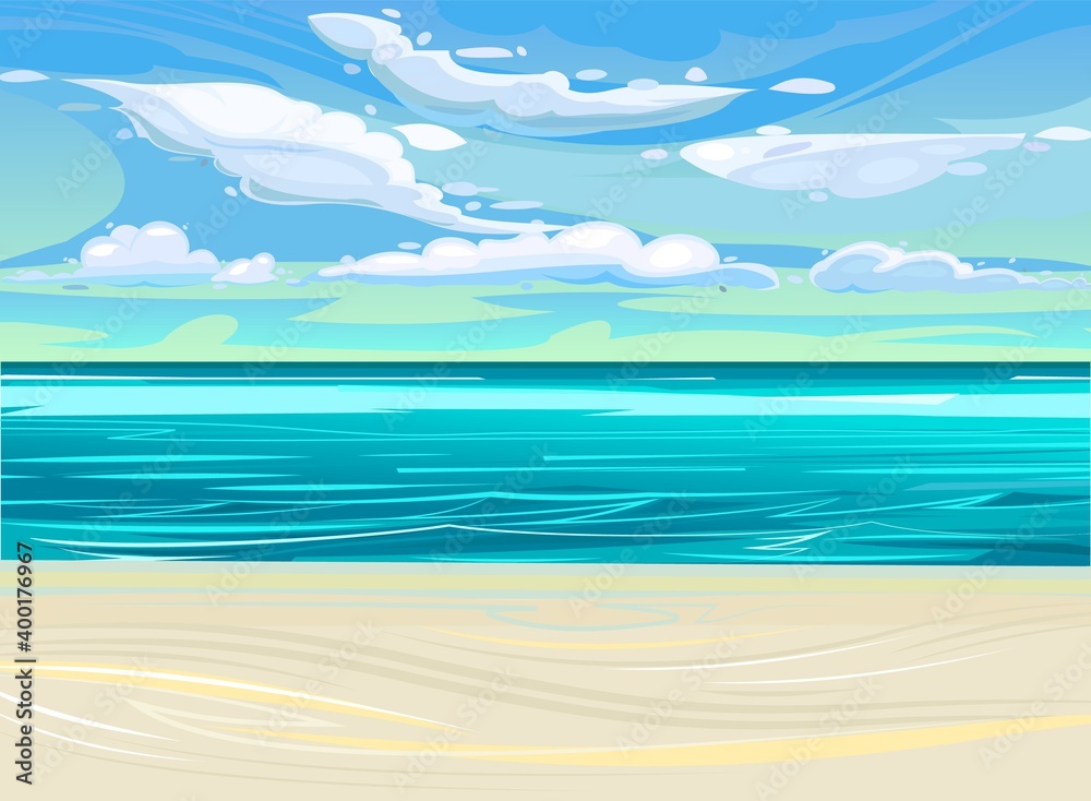 Obraz premium Beach on the seashore. Surf line. Sea and waves, seascape. Horizon. Flat style illustration. Sand beach. Vector