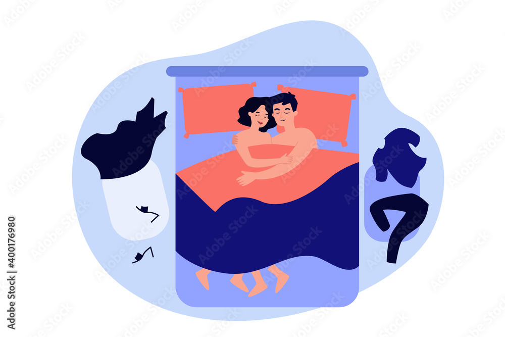 Sleeping Cartoon Porn - Funny romantic couple lying in bed after sex and hugging flat vector  illustration. Cartoon man and woman in love sleeping in bedroom, clothes  scattered around. Sexual relationship and intimacy concept Stock Vector |