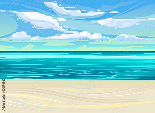 Beach on the seashore. Surf line. Sea and waves, seascape. Horizon. Flat style illustration. Sand beach. Vector