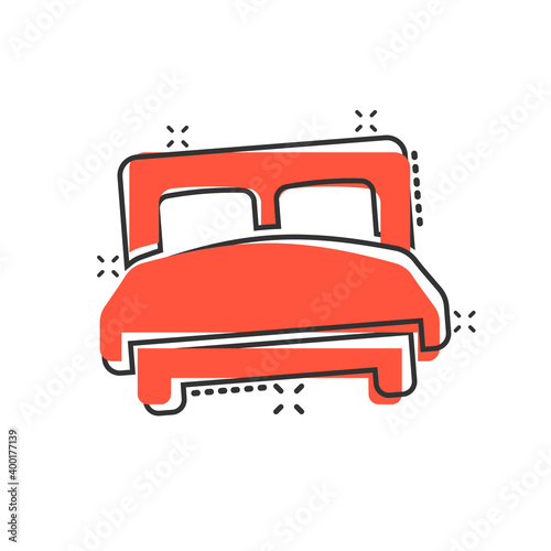 Bed icon in comic style. Bedroom cartoon sign vector illustration on white isolated background. Bedstead splash effect business concept.