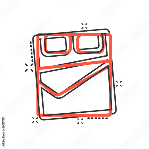 Bed icon in comic style. Bedroom cartoon sign vector illustration on white isolated background. Bedstead splash effect business concept.