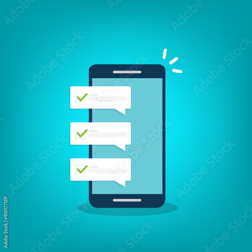 Mobile phone with push notifications or smartphone cellphone sms messages with updated checkmark ticks bubbles vector flat cartoon, idea of digital complete or accepted alerts