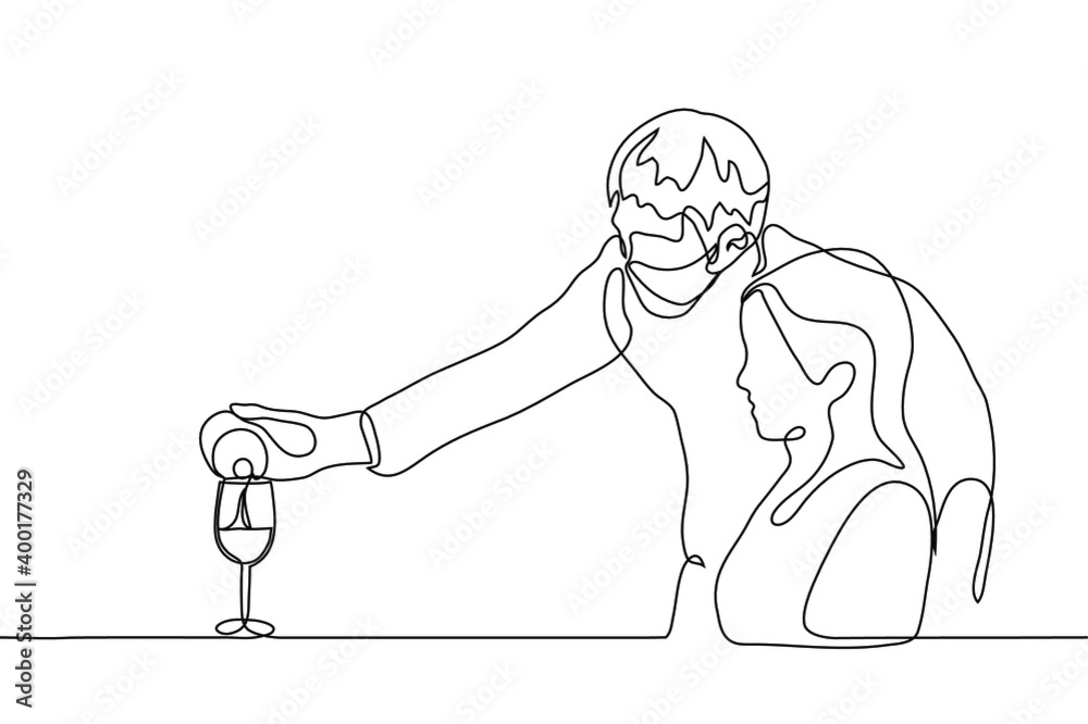 masked waiter pours wine into a glass of a woman visitor in a restaurant. one line drawing restaurant service in a pandemic