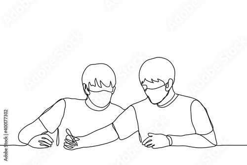 two men in masks are sitting at the table, one of whom is writing with a pen on paper and the other is watching. one line drawing concept of offline tutoring in a pandemic, signing an agreement 