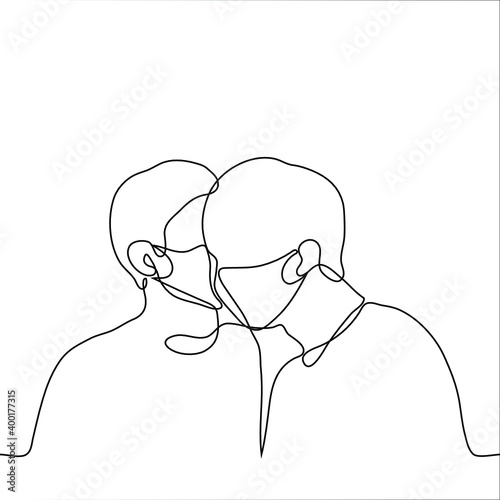 two masked men are whispering. one line drawing whisperers spread gossip