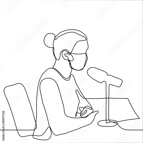 woman in a mask sits in front of a microphone. one line drawing process of broadcasting, podcast, broadcasting, press conference