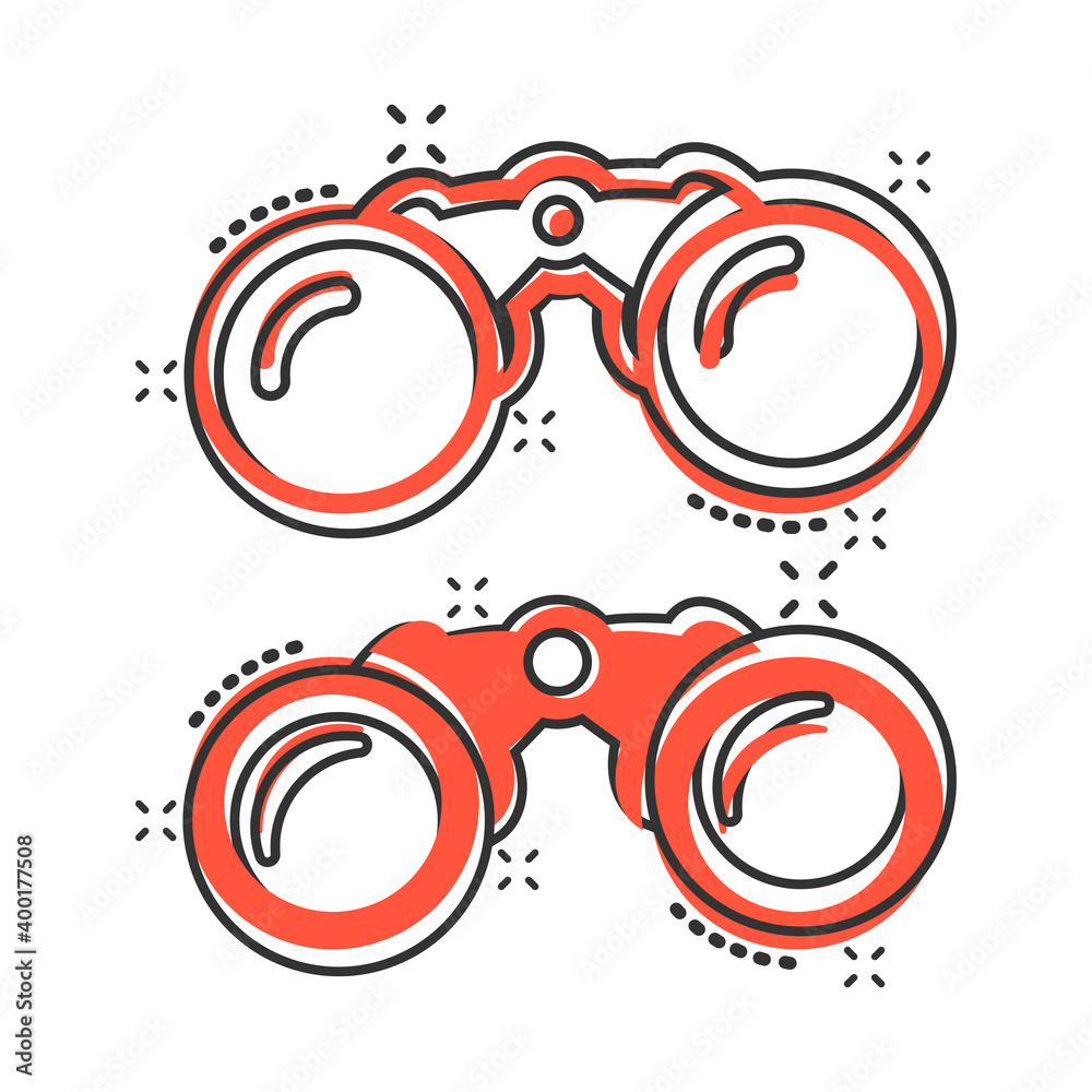 Binocular icon in comic style. Search cartoon vector illustration on white isolated background. Zoom splash effect business concept. Binocular icon in comic style. Search cartoon vector illustration on white isolated background. Zoom splash effect business concept.