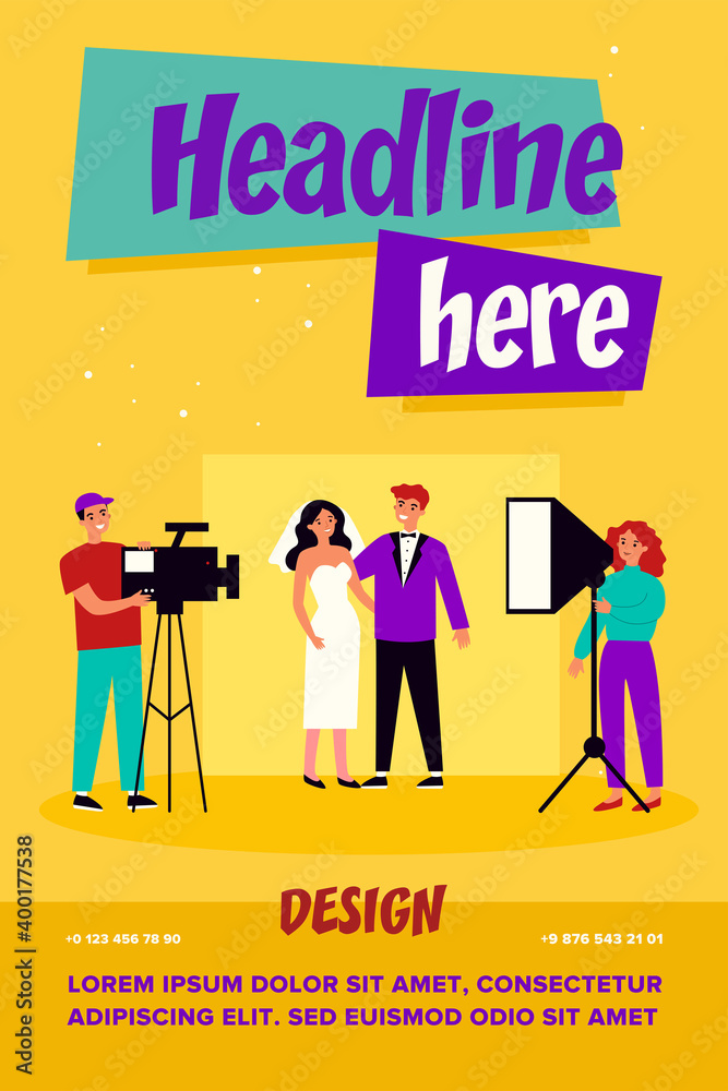 Happy newly married couple taking wedding photo. Bride, camera, groom flat vector illustration. Event and celebration concept for banner, website design or landing web page Happy newly married couple taking wedding photo. Bride, camera, groom flat vector illustration. Event and celebration concept for banner, website design or landing web page