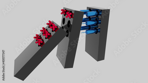 Falling Covid affected dominoes supported by vaccinated domino photo