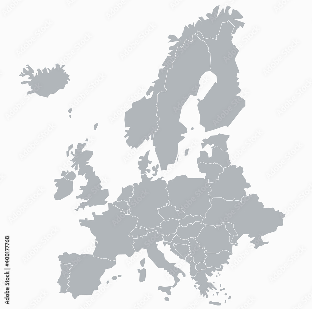 Vector illustration political map of Europe. Gray card without texts