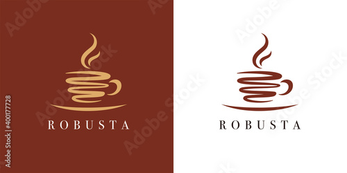 Premium coffee cup shop logo. Cafe mug icon. Latte symbol. Espresso hot drink sign. Robusta cappuccino emblem. Vector illustration.
