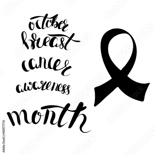  lettering October breast cancer awareness month with ribbon, outline, print for textile, paper design, raster copy