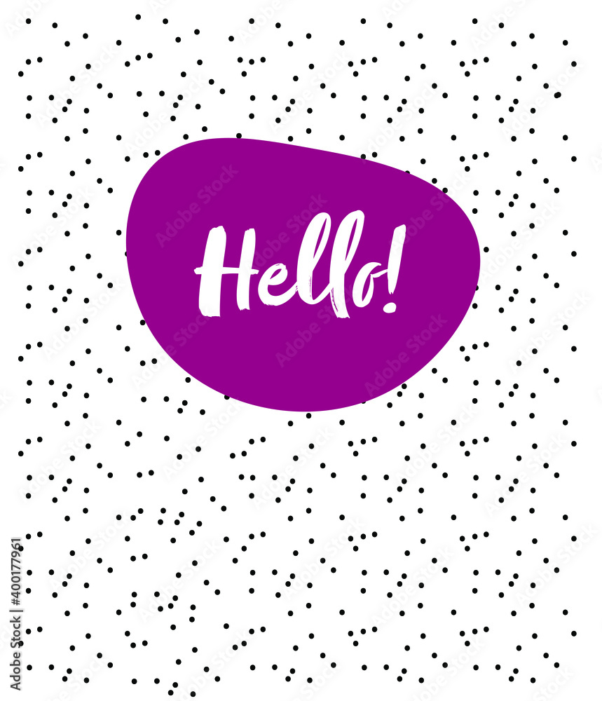 Optimistic, modern greeting card, poster or social media post template in magenta, white and black. Bubble with cursive lettered message and dots texture background.
