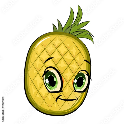 Pineapple cheerful smile. Juicy red fruit with a muzzle. Cartoon style. Isolated over white background. Vector illustration.