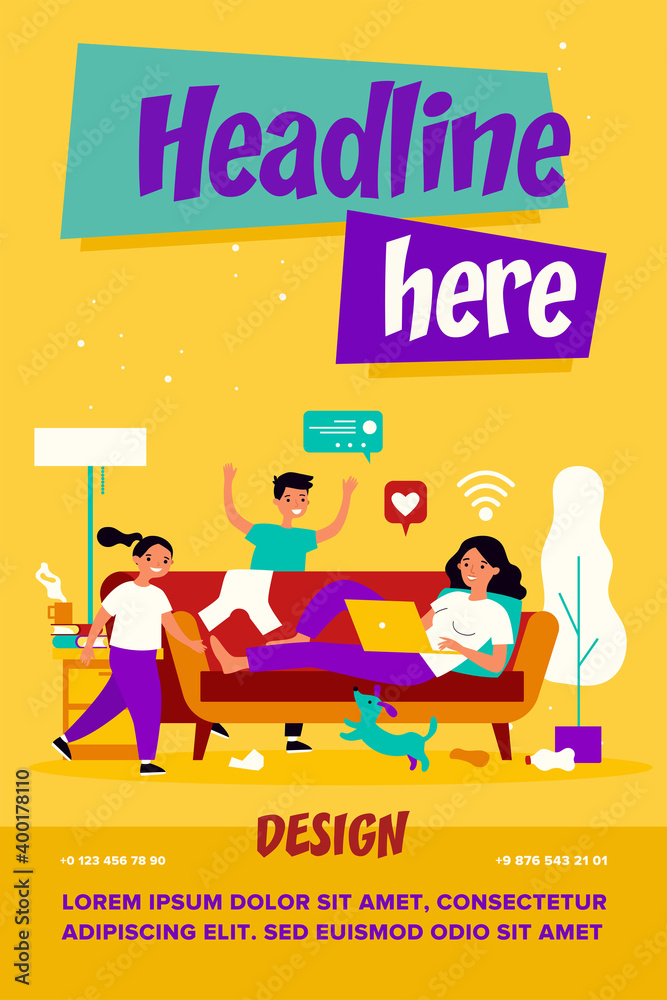 Mom with laptop living on social media. Children and pet making messy at home. flat vector illustration. Careless mother, internet addiction concept for banner, website design or landing web page