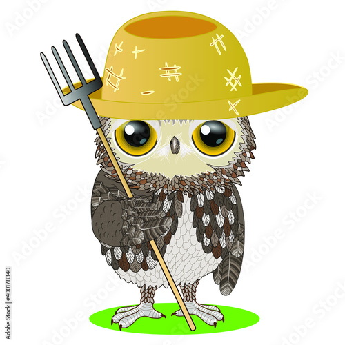 emoji with a funny owl farmer in a yellow straw hat standing and holding a pitchfork, color vector clip art on a white isolated background
