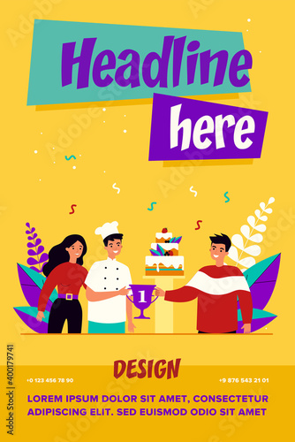 Chef winning dessert competition. Cook getting winner cup for cake, celebrating victory flat vector illustration. Cooking, pastry, prize concept for banner, website design or landing web page