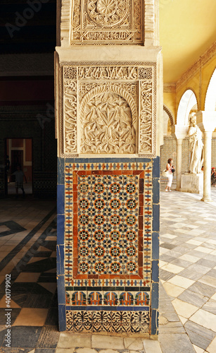 Azulejos in the jamb of an arch of the Casa de Pilatos, one of the main palaces of Seville, Andalusia, Spain