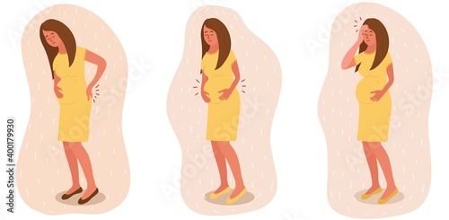 Pregnant woman feels strong pain in her back, head, belly. She holds back with one hand and the belly with the other hand. Depressed, bad feeling. Pregnancy diseases. Vector illustration
