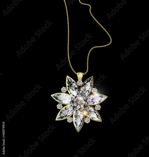 black background and jewel pendant star with gold chain