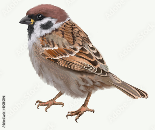Digital set with cute sparrow bird. White background.